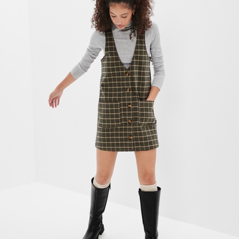 American Eagle Plaid Button-Down Sleeveless Dress